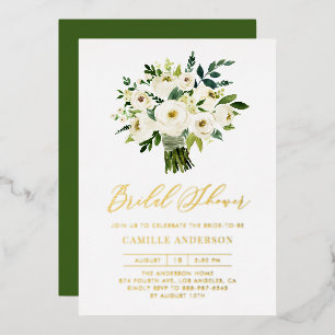 Invitación Con Relieve Metalizado Ramo Floral Acuarela Blanco para Despedida de Solt