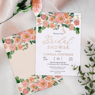 Invitación Con Relieve Metalizado Ramo floral acuarela rosa melocotón despedida de s