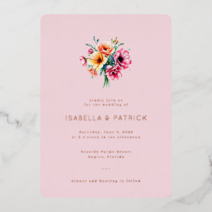 Invitación Con Relieve Metalizado Ramo Floral Acuarela Rosa Romántico