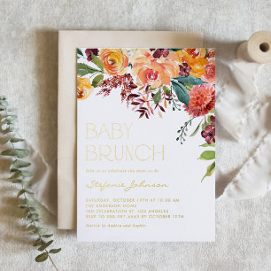 Invitación Con Relieve Metalizado Ramo Floral Boho Acuarela Otoño Brunch de Bebé