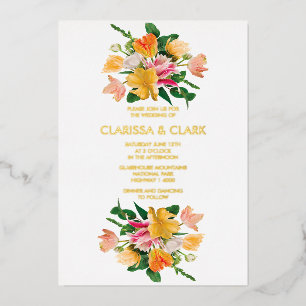Invitación Con Relieve Metalizado Ramo Floral Brillante de Verano Boda