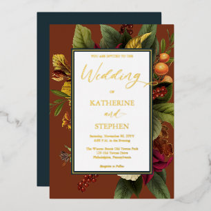 Invitación Con Relieve Metalizado Ramo Floral Naranja Rústico Boda Verde Azul