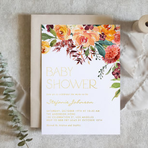 Invitación Con Relieve Metalizado Ramo Floral Otoñal en Acuarela para Baby Shower