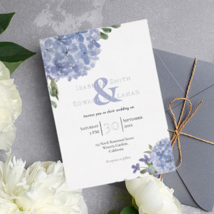 Invitación Con Relieve Metalizado Ramos Florales de Hortensias Azules Polvorientos E