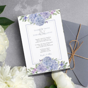 Invitación Con Relieve Metalizado Ramos Florales de Hortensias Lilas y Azules Elegan