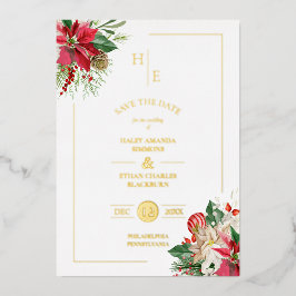 Invitación Con Relieve Metalizado Ramos Florales de Navidad con Iniciales Elegantes
