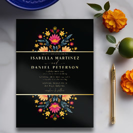 Invitación Con Relieve Metalizado Rancho Mexicano Moderno Floral Elegante Boda Oro