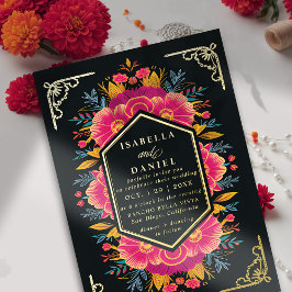 Invitación Con Relieve Metalizado Rancho Mexicano Negrita Flores Rústicas Boda de Or