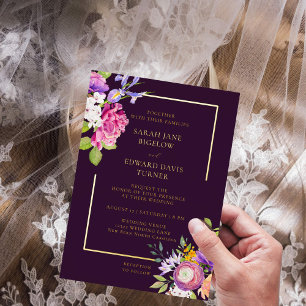 Invitación Con Relieve Metalizado Ranunculus Floral Púrpura de Berenjena