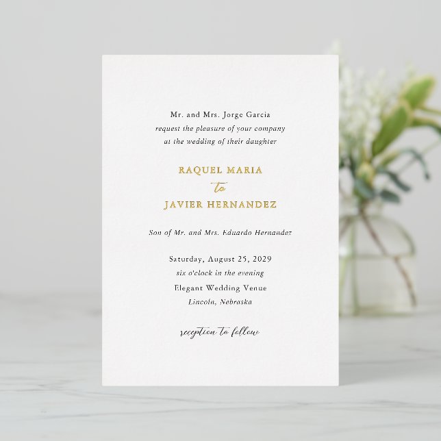 Invitación Con Relieve Metalizado Raquel Classic Elegant Wedding (Anverso de pie)