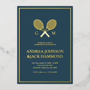 Invitación Con Relieve Metalizado Raquetas Monograma Jugador de Tenis Compromiso Rea