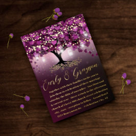 Invitación Con Relieve Metalizado Raspberry Purple Heart Leaf Tree Gold Boda