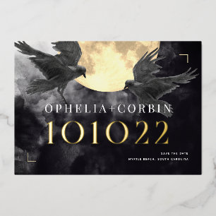 Invitación Con Relieve Metalizado Raven & Golden Moon Boda Gótica Save the Date