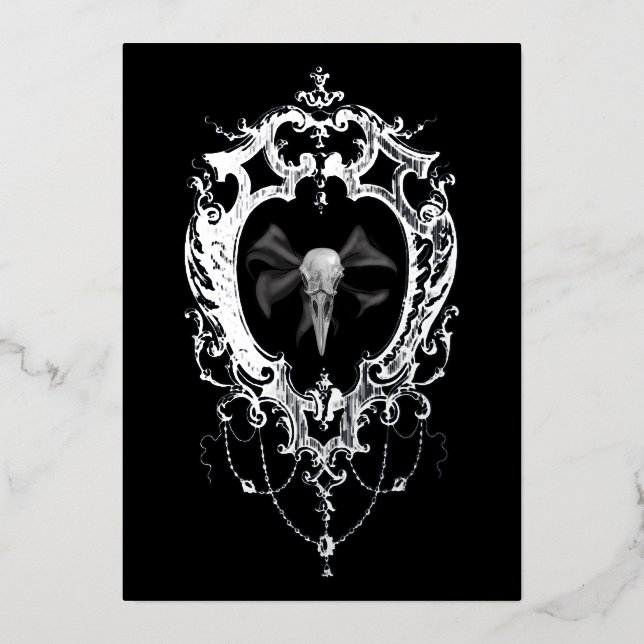 Invitación Con Relieve Metalizado Raven Skull Silver Frame Goth Wedding (Anverso)