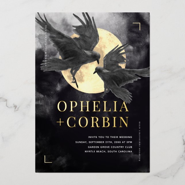 Invitación Con Relieve Metalizado Raven y Golden Moon Boda gótico negro (Anverso)