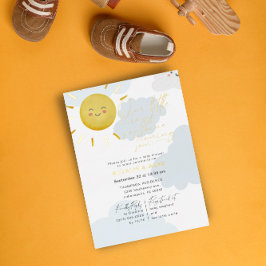 Invitación Con Relieve Metalizado Ray of Sunshine Clouds Boy Baby Shower