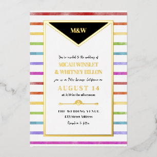 Invitación Con Relieve Metalizado Rayas arcoiris Monograma 2 en 1 Boda