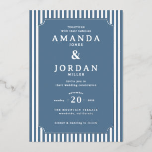Invitación Con Relieve Metalizado Rayas Azules Elegantes