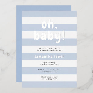 Invitación Con Relieve Metalizado Rayas Azules Pastel Oh Baby Niño Shower Plata