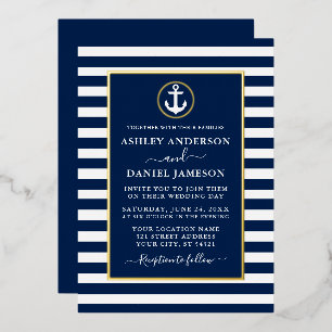 Invitación Con Relieve Metalizado Rayas de Ancla Náutica Boda Azul Oro
