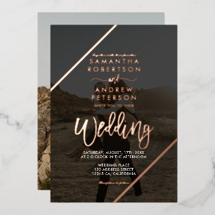 Invitación Con Relieve Metalizado Rayas de escritura en oro rosa chic boda 2 fotos