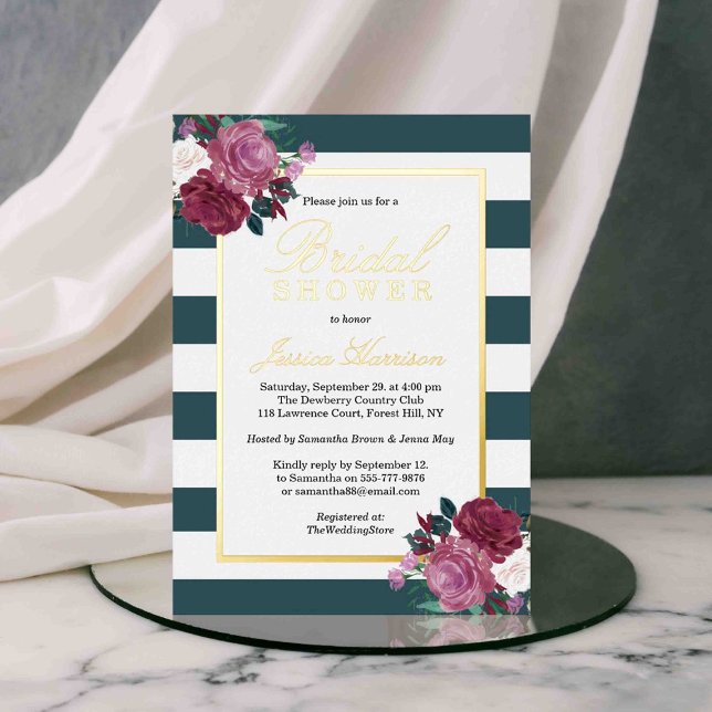 Invitación Con Relieve Metalizado Rayas de moda Floral Bridal Shower Real (Subido por el creador)