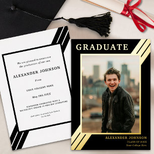 Invitación Con Relieve Metalizado Rayas Negras y Doradas Foto de Graduación