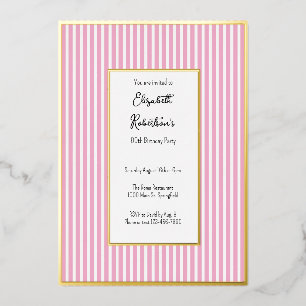 Invitación Con Relieve Metalizado Rayas rosadas minimalistas de oro Cumpleaños 90