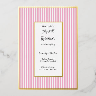 Invitación Con Relieve Metalizado Rayas rosadas minimalistas doradas Cumpleaños 75