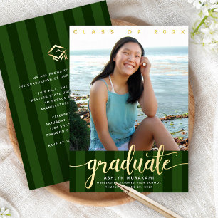 Invitación Con Relieve Metalizado Rayas verdes guión de foto de graduación oro real