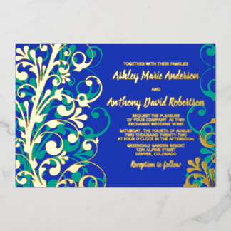 Invitación Con Relieve Metalizado Real azul Verde azulado Relieve metalizado dorado 
