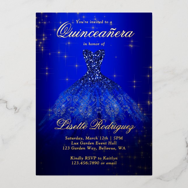 Invitación Con Relieve Metalizado Real Azul Y Oro Temático Quinceanera Real (Anverso)