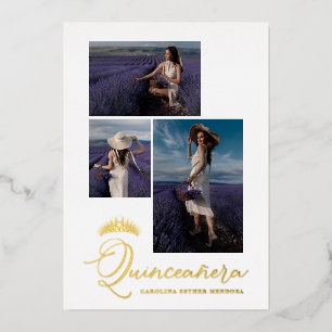 Invitación Con Relieve Metalizado Real Corona Dorada Minimalista Quinceañera Español