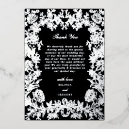 Invitación Con Relieve Metalizado Real Floral de Hoja de Plata Negra Agradecimiento
