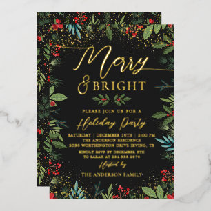Invitación Con Relieve Metalizado Real Foil Alegre y Brillante Negro Floral Dorado F