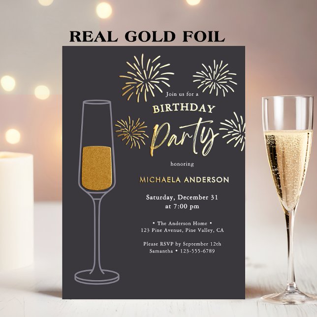 Invitación Con Relieve Metalizado Real Foil Fireworks & Champagne Birthday Party (Subido por el creador)
