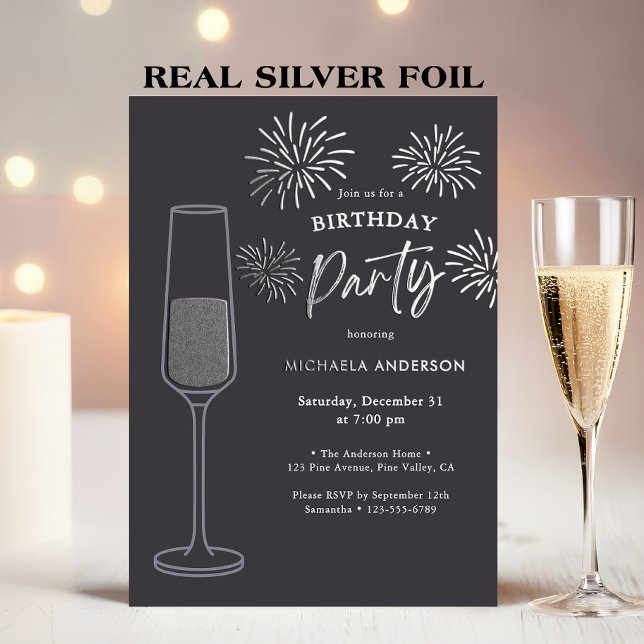 Invitación Con Relieve Metalizado Real Foil Fireworks & Champagne Birthday Party (Subido por el creador)
