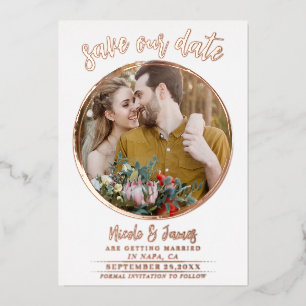 Invitación Con Relieve Metalizado Real Foil Moderno Guardar Fecha Foto Boda