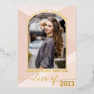 Invitación Con Relieve Metalizado Real Gold Blush Rosa Geométrico Foto Graduación Fo