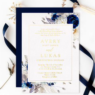 Invitación Con Relieve Metalizado Real Gold Elegante Flores Azules Boda Foil