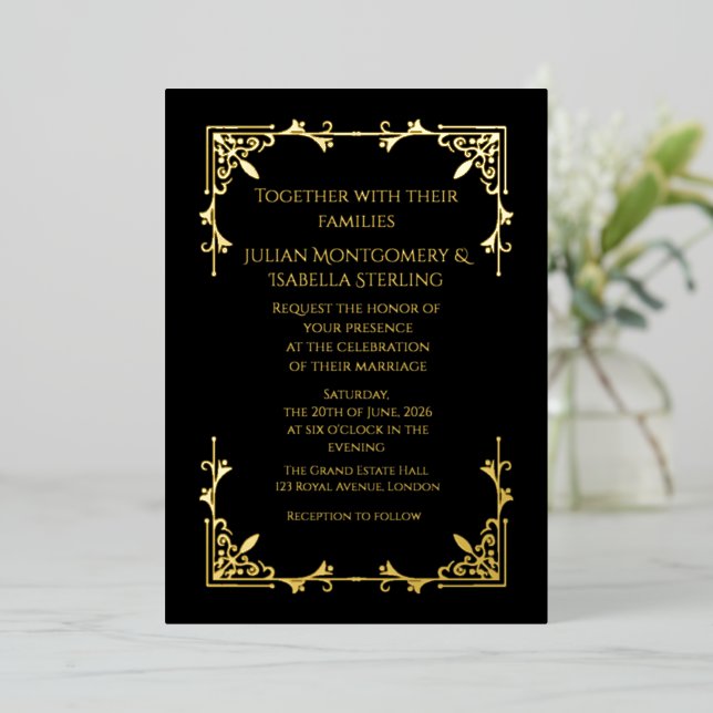 Invitación Con Relieve Metalizado Real Gold Foil Black Tie Royal Regency wedding (Anverso de pie)