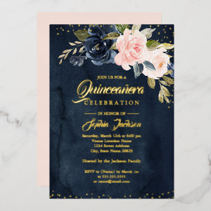 Invitación Con Relieve Metalizado REAL GOLD FOIL Rosa Naval Floral Quinceañera