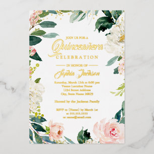Invitación Con Relieve Metalizado REAL GOLD FOIL Rubor Corona Floral Quinceañera