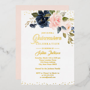 Invitación Con Relieve Metalizado REAL GOLD FOIL Rubor Rosa Azul Floral Quinceañera