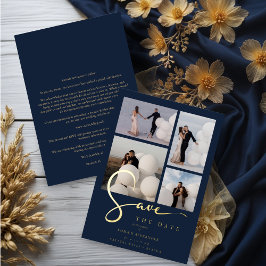 Invitación Con Relieve Metalizado Real Gold Modern Collage in Navy Blue Fancy Script