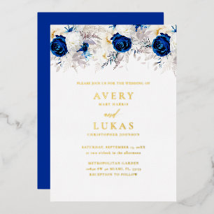 Invitación Con Relieve Metalizado Real Gold Modern Royal Blue Flowers Boda