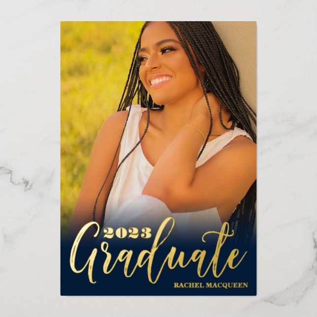 Invitación Con Relieve Metalizado Real Gold Navy Blue Tres Fotos Partido de Graduaci (Anverso)