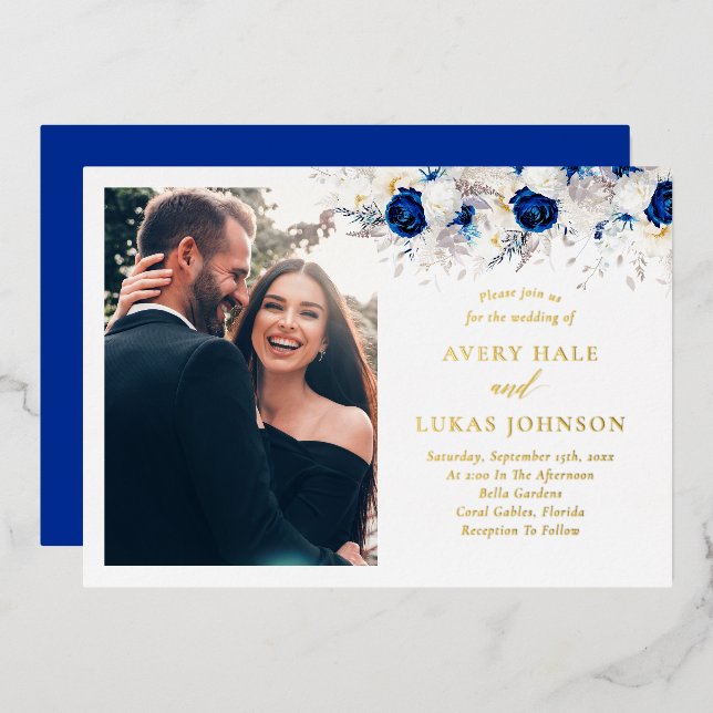 Invitación Con Relieve Metalizado Real Gold y Royal Blue Flowers Boda de fotografía (Anverso/Reverso)