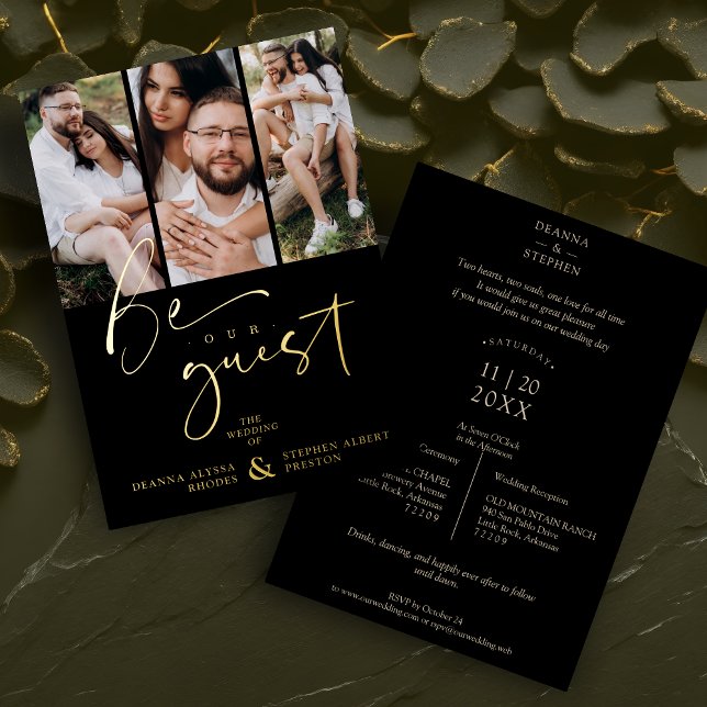 Invitación Con Relieve Metalizado Real Golden Be our Guest Collage Wedding 3 Photos (Real Golden Be our Guest Collage Wedding 3 Photos Metallic Foil Invitation Card with Envelope.)
