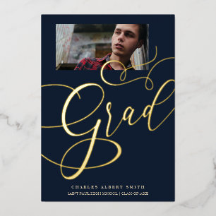 Invitación Con Relieve Metalizado Real Golden & Navy Moderno Typography Grad Photo